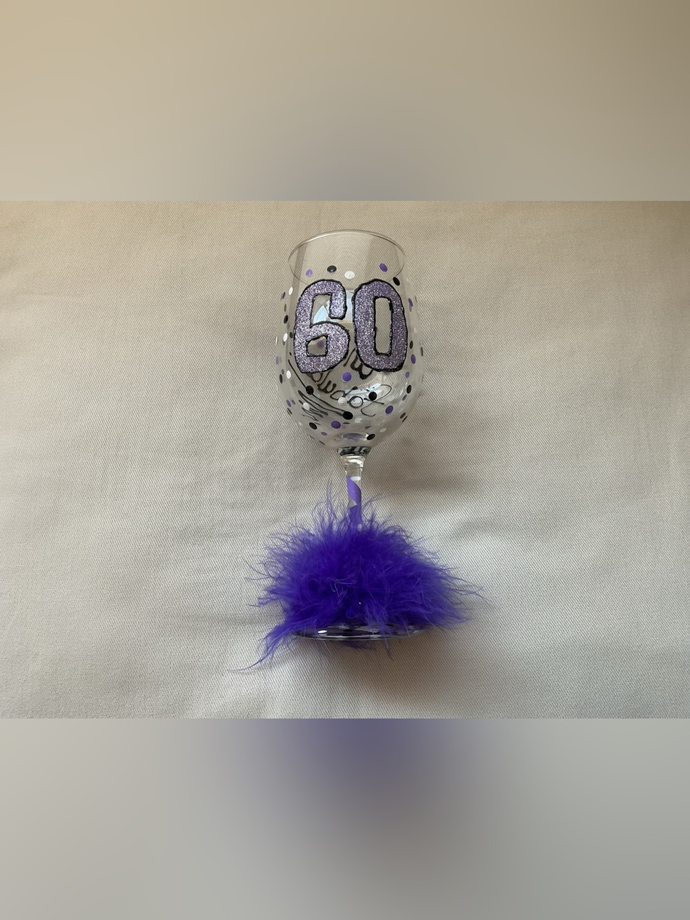 60th Birthday Purple Feathered Wine Glass - Fun Gift! Party Decor